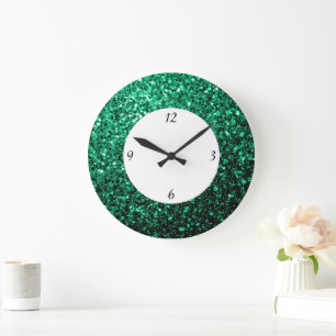 Grande Horloge Ronde Paillettes vert émeraude scintillent avec des chif