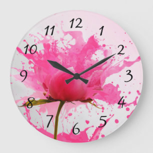 Grande Horloge Ronde Paint Splatter Abstrait Fleur Rose