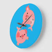 Grande Horloge Ronde Paire mignonne de cochons de carbone (Angle)