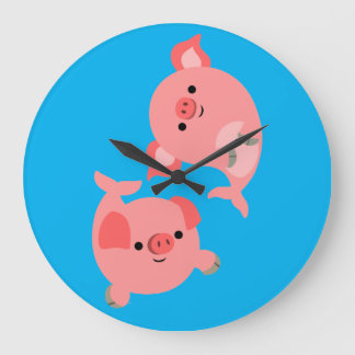 Grande Horloge Ronde Paire mignonne de cochons de carbone