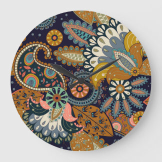 Grande Horloge Ronde Paisley colorée : Fond d'écran Floral Indien.