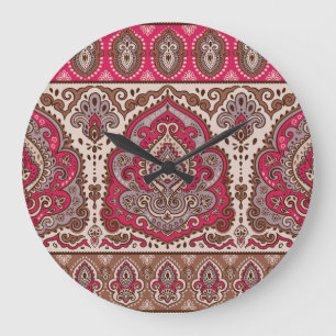 Grande Horloge Ronde Paisley floral indien, motif de mandala ethnique.