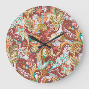Grande Horloge Ronde Paisley sans couture : motif arrière - plan élégan