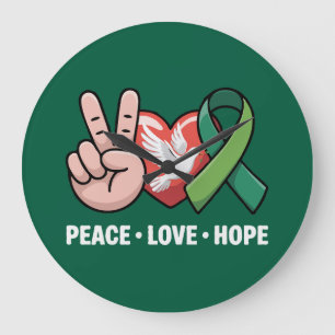 Grande Horloge Ronde Paix Amour Espoir - Ruban Vert de Sensibilisation