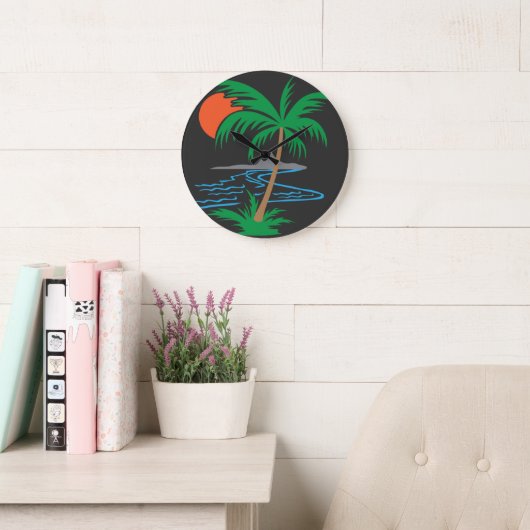 Grande Horloge Ronde Palm Tree by the River | Tropical Sunset Art (Salle de lecture)