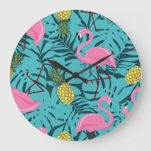 Grande Horloge Ronde Palme de Flamants roses roses : Exotic Hawaii