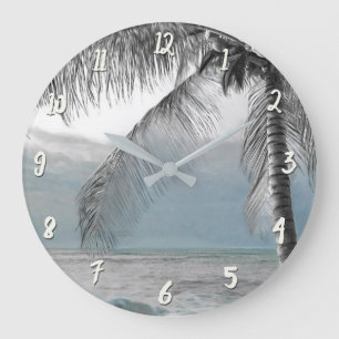 Grande Horloge Ronde Palmier blanc élégant paradis de la plage