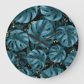 Grande Horloge Ronde Palmier De Monstera, Plat D'Or Sans Couche.