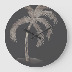 Grande Horloge Ronde Palmier dessiné à la main avec des frondes noir et