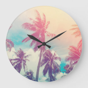 Grande Horloge Ronde Palmiers en silhouette, coucher de soleil abstrait