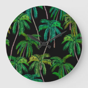 Grande Horloge Ronde Palmiers : Motif d'été acrylique.