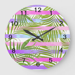 Grande Horloge Ronde Palmiers tropicaux modernes violets roses rayures