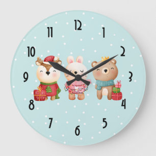 Grande Horloge Ronde Pals de Noël - Ours de rennes et lapin