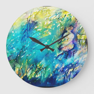 GRANDE HORLOGE RONDE PAN JOUANT DE LA FLÛTE ET CERF DANS UN BOIS VERT