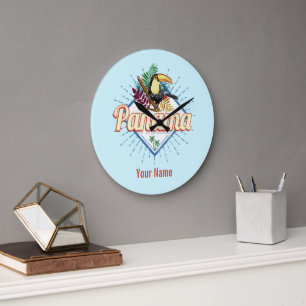 Grande Horloge Ronde Panama City Toucan Rétro Palm Trees Vintage