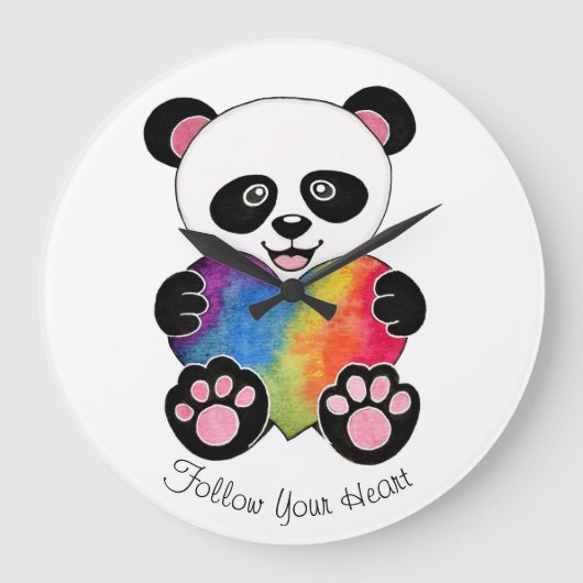 Grande Horloge Ronde Panda mignon d'aquarelle avec le coeur (Recto)