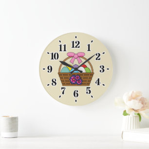 Grande Horloge Ronde Panier de chasse aux oeufs de Pâques avec oeufs de