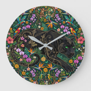 Grande Horloge Ronde Panthère aux aguets Surrealiste Jungle
