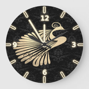 Grande Horloge Ronde Paon doré adorable sur damas noir - Personnalisé