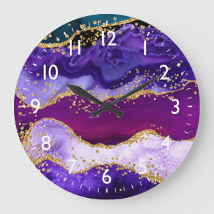 Grande Horloge Ronde Paon Violet et Bleu Faux Paillettes Agate