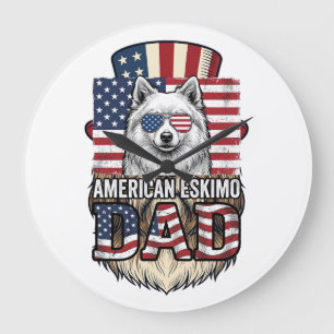Grande Horloge Ronde Papa Esquimau Américain Patriotique Chien Vintage