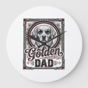 Grande Horloge Ronde Papa Golden Retriever Dessin de gravure vintage_1