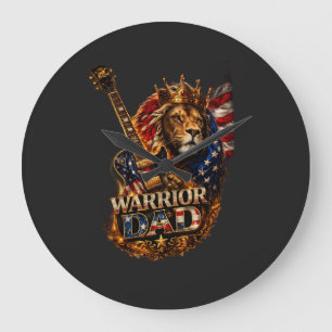 Grande Horloge Ronde Papa guerrier Lion Drapeau américain Guitare