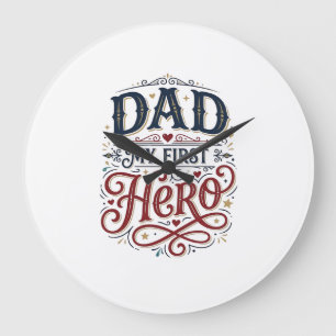 Grande Horloge Ronde Papa Mon Premier Héros Chemise Vintage Typographie