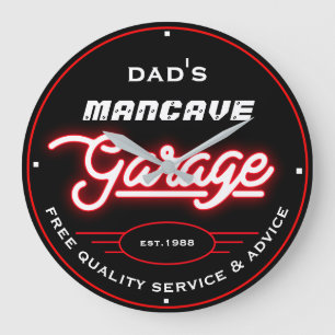 Grande Horloge Ronde Papa ou tout nom Mancave Garage Rouge Blanc Retro
