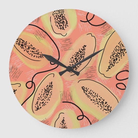 Grande Horloge Ronde Papaya Doodle Pattern Kitchen Fruit (Recto)