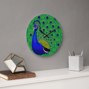 Grande Horloge Ronde Papier peint bleu-vert jaune paon