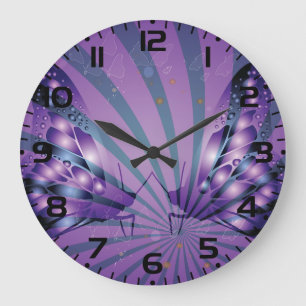 Grande Horloge Ronde Papillon Abstrait pourpre avec ailes rayonnantes