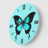Grande Horloge Ronde Papillon - bleu et noir de turquoise (Angle)