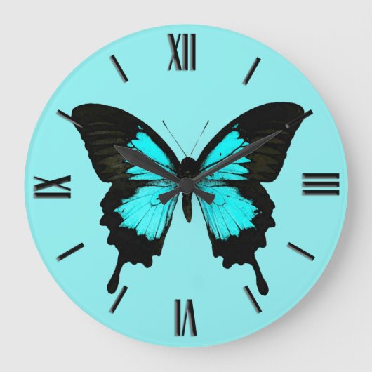 Grande Horloge Ronde Papillon - bleu et noir de turquoise (Recto)