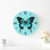 Grande Horloge Ronde Papillon - bleu et noir de turquoise (Maison)