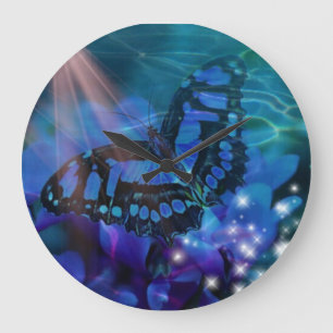 Grande Horloge Ronde Papillon bleu magique