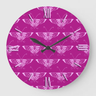 Grande Horloge Ronde Papillon déco stylisé - magenta et rose