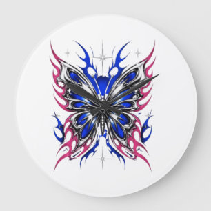 Grande Horloge Ronde Papillon métallique bleu rose flammes – Gothique