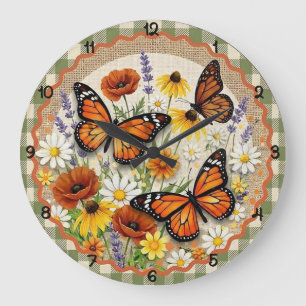 Grande Horloge Ronde Papillon Monarque Fleur de Jute