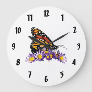Grande Horloge Ronde Papillon monarque sur des asters
