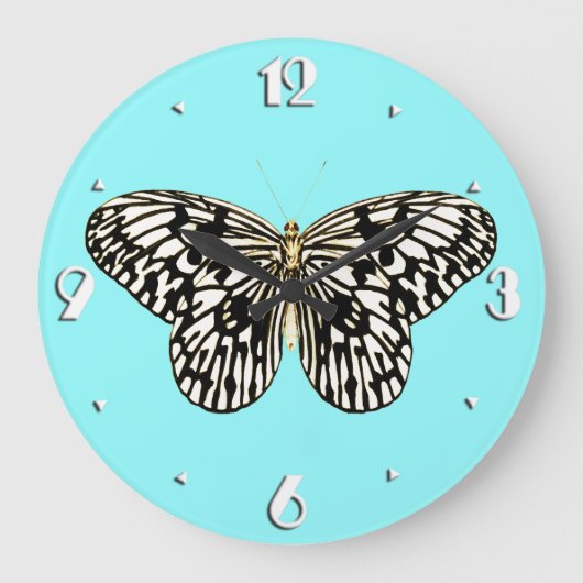 Grande Horloge Ronde Papillon noir et blanc, arrière - plan turquoise (Recto)