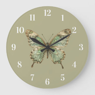 Grande Horloge Ronde Papillon Orné aux Ailes à Motif de Feuille