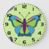 Grande Horloge Ronde Papillon patchwork sur fond vert (Recto)