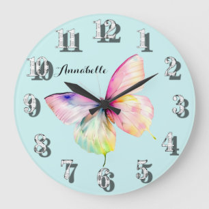 Grande Horloge Ronde Papillon rose délicat dans les couleurs pastel arc