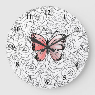 Grande Horloge Ronde Papillon Rose Et Art Rose