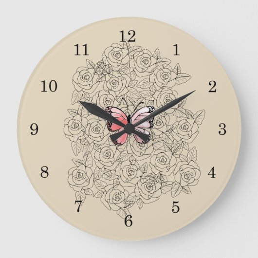 Grande Horloge Ronde Papillon Rose Et Art Rose (Recto)