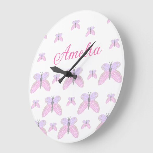 Grande Horloge Ronde Papillon rose parties scintillant violet ajouter l (Angle)