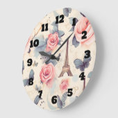 Grande Horloge Ronde Papillon Tour Eiffel et Motif Rose (Angle)