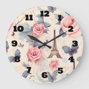 Grande Horloge Ronde Papillon Tour Eiffel et Motif Rose