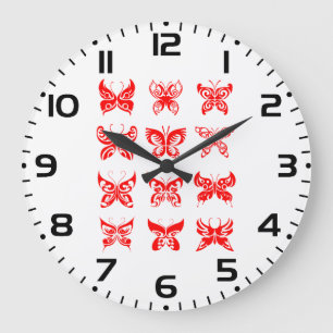 Grande Horloge Ronde Papillon Tribal Rouge Ornemental